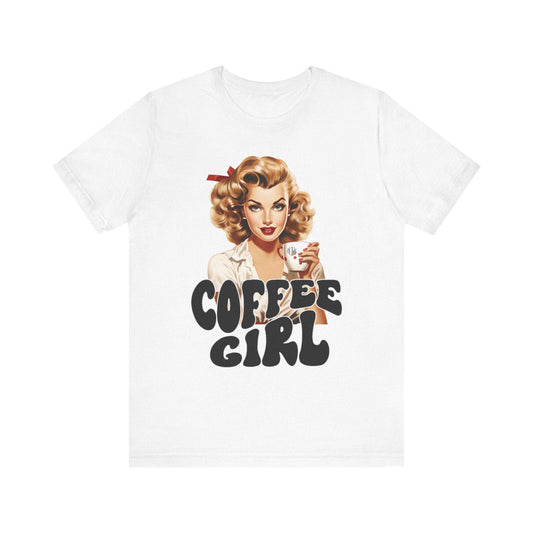 Retro Coffee drinking lady Unisex Jersey Short Sleeve Tee